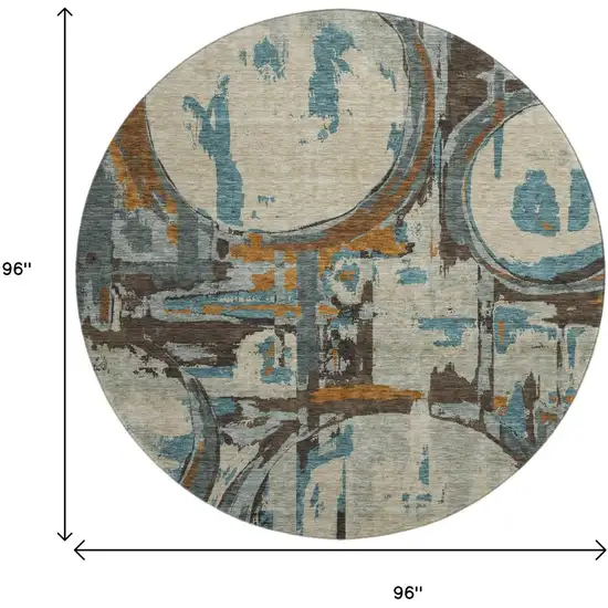 8' Beige Brown And Teal Geometric Washable Round Rug With UV Protection Photo 9