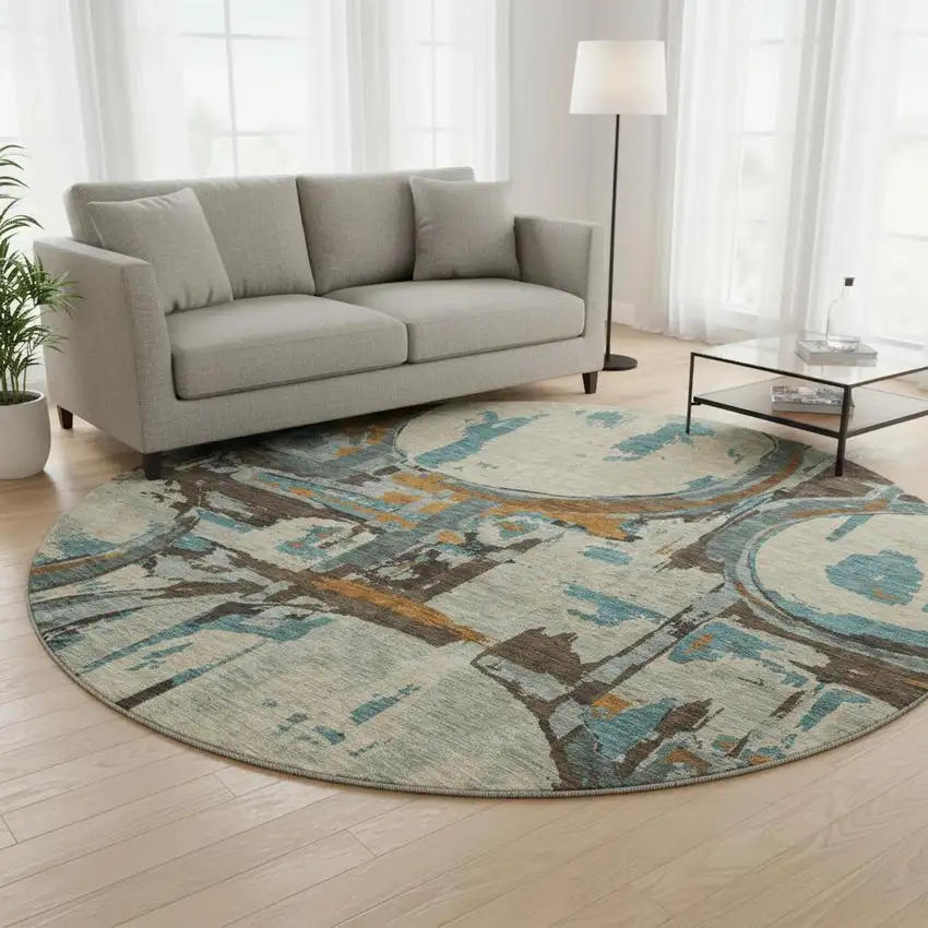 8' Beige Brown And Teal Geometric Washable Round Rug With UV Protection Photo 2