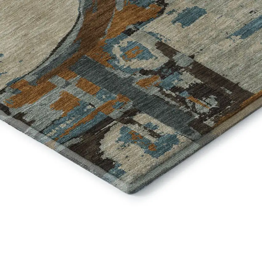 8' Beige Brown And Teal Geometric Washable Round Rug With UV Protection Photo 6