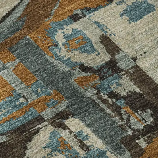 8' Beige Brown And Teal Geometric Washable Round Rug With UV Protection Photo 8