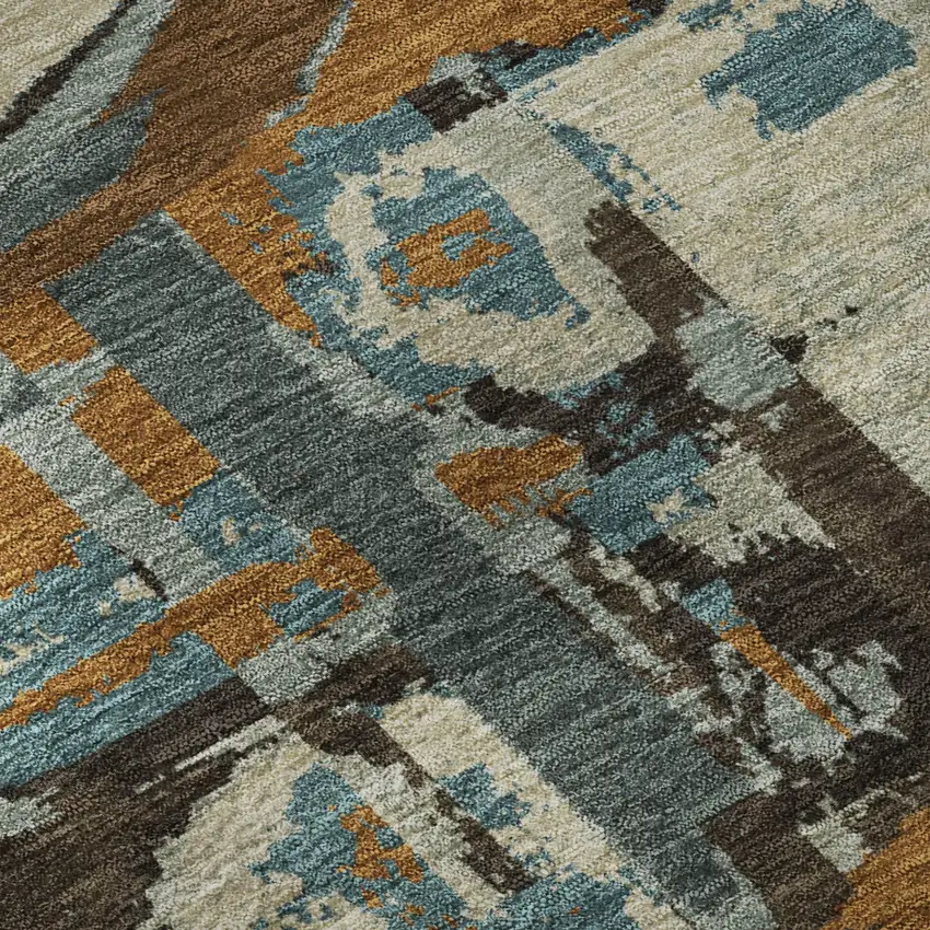 8' Beige Brown And Teal Geometric Washable Round Rug With UV Protection Photo 8