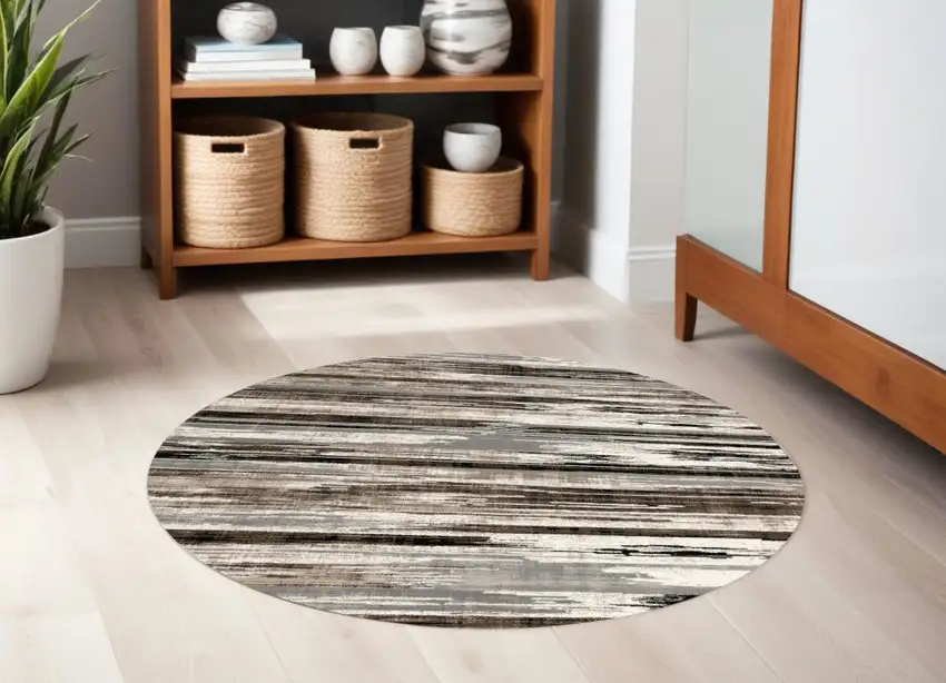 7' Beige Brown and Gray Abstract Distressed Round Rug Photo 1