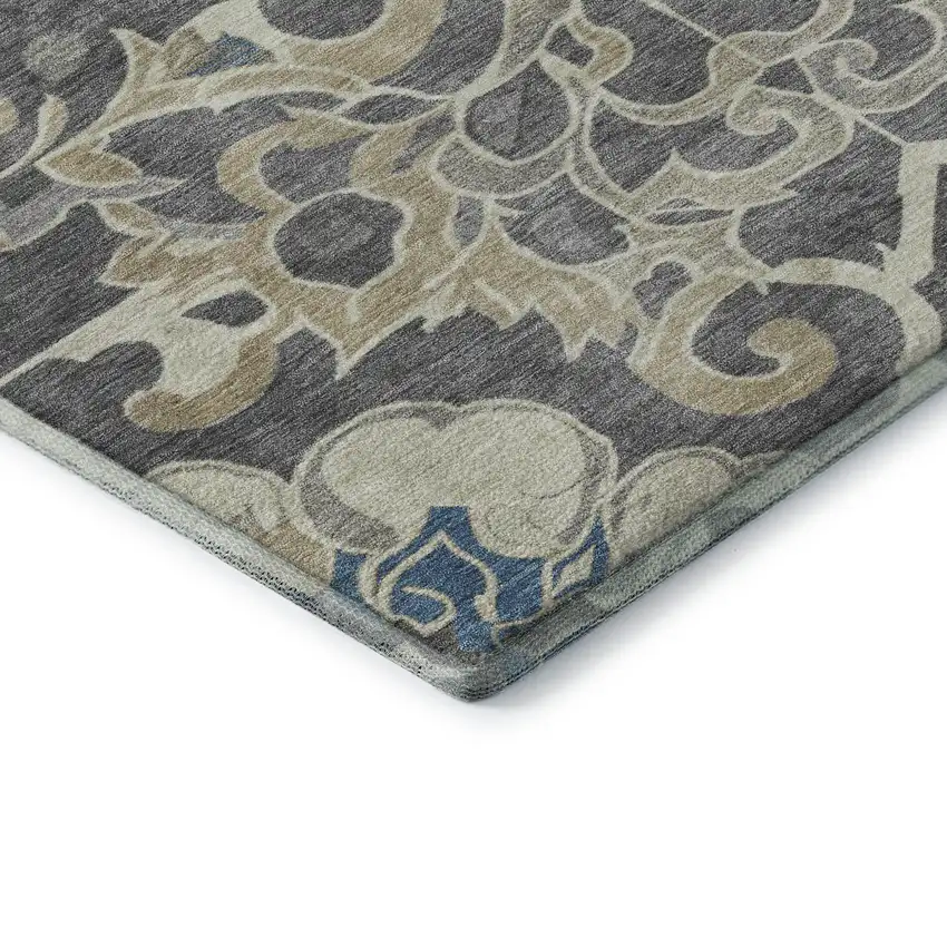 8' Beige Charcoal And Blue Floral Medallion Washable Round Rug With UV Protection Photo 7