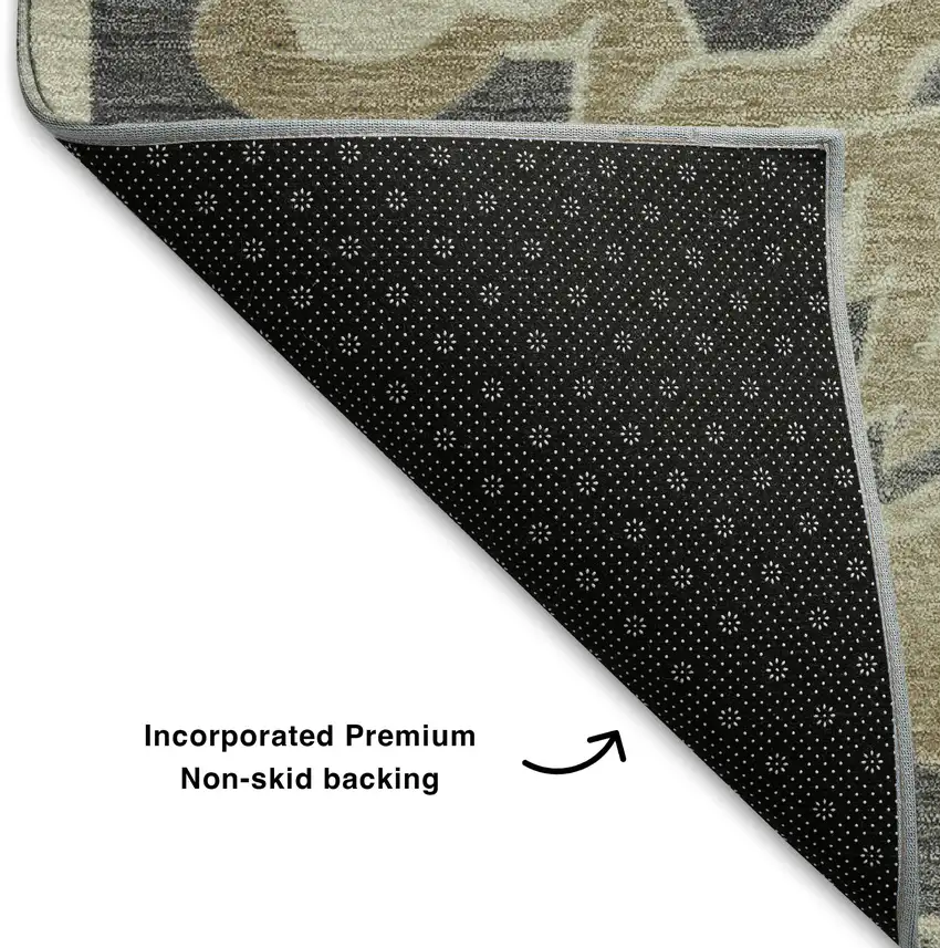 8' Beige Charcoal And Blue Floral Medallion Washable Round Rug With UV Protection Photo 6