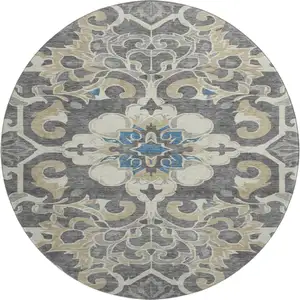 Photo of 8' Beige Charcoal And Blue Floral Medallion Washable Round Rug With UV Protection