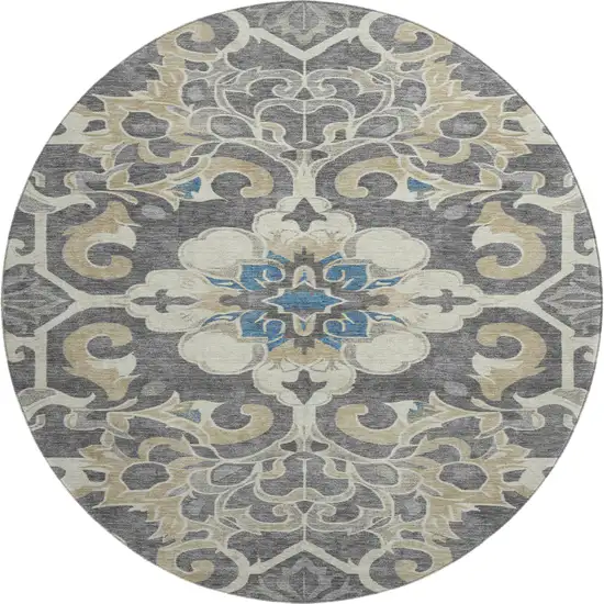 8' Beige Charcoal And Blue Floral Medallion Washable Round Rug With UV Protection Photo 1