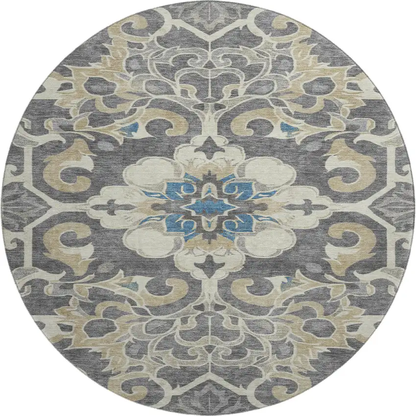 8' Beige Charcoal And Blue Floral Medallion Washable Round Rug With UV Protection Photo 1