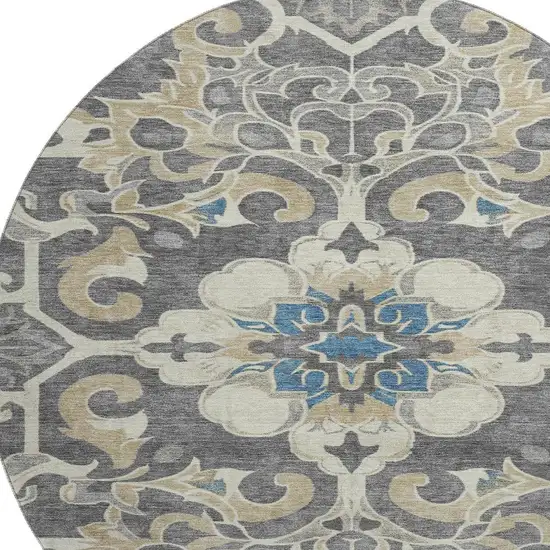 8' Beige Charcoal And Blue Floral Medallion Washable Round Rug With UV Protection Photo 3