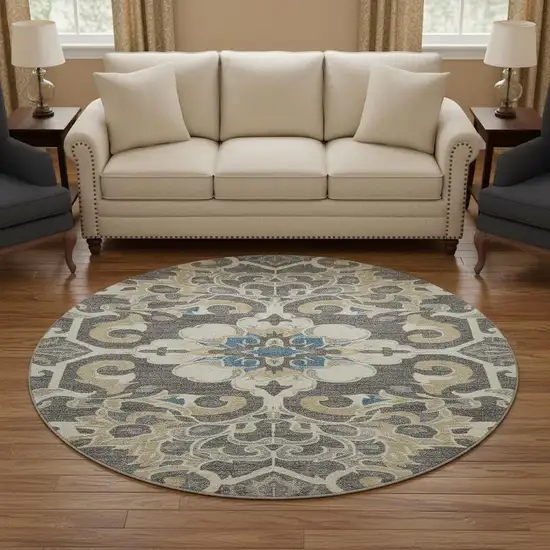 8' Beige Charcoal And Blue Floral Medallion Washable Round Rug With UV Protection Photo 2