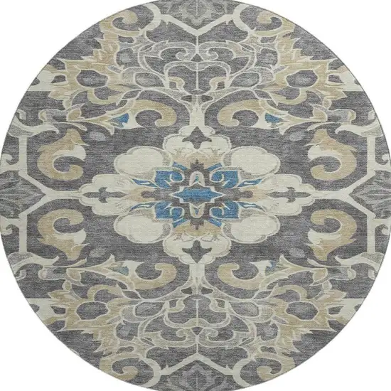 8' Beige Charcoal And Blue Floral Medallion Washable Round Rug With UV Protection Photo 4
