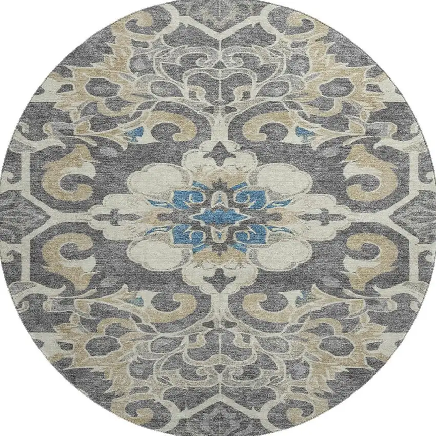 8' Beige Charcoal And Blue Floral Medallion Washable Round Rug With UV Protection Photo 4