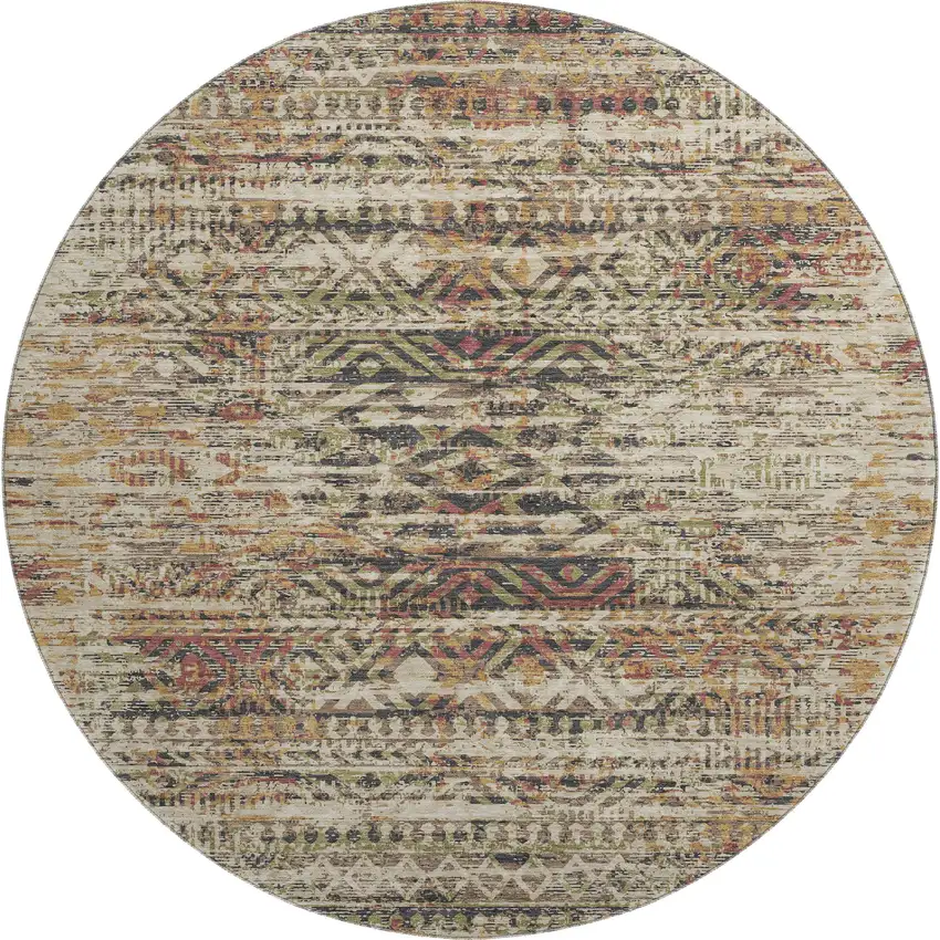 8' Beige Charcoal And Copper Moroccan Washable Round Rug With UV Protection Photo 1
