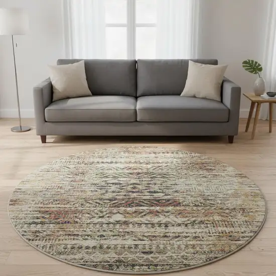 8' Beige Charcoal And Copper Moroccan Washable Round Rug With UV Protection Photo 2