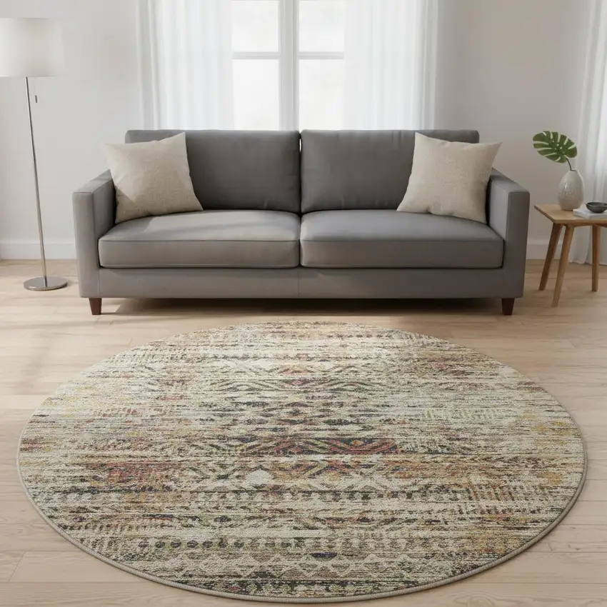 8' Beige Charcoal And Copper Moroccan Washable Round Rug With UV Protection Photo 2