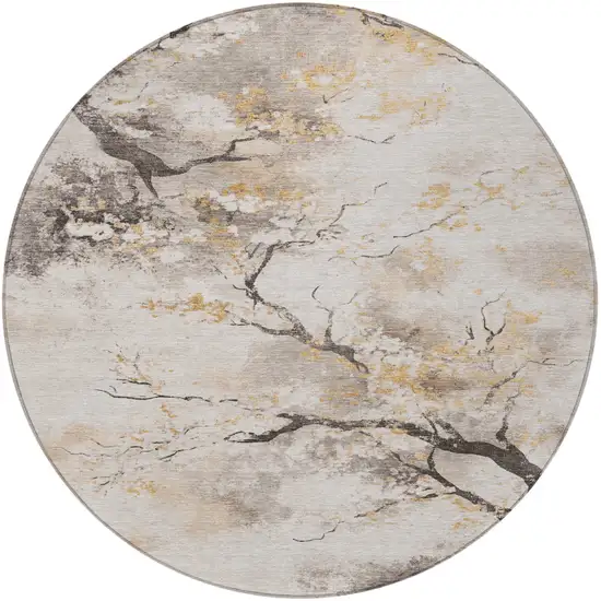 8' Beige Charcoal And Gold Round Floral Washable Indoor Outdoor Area Rug Photo 3
