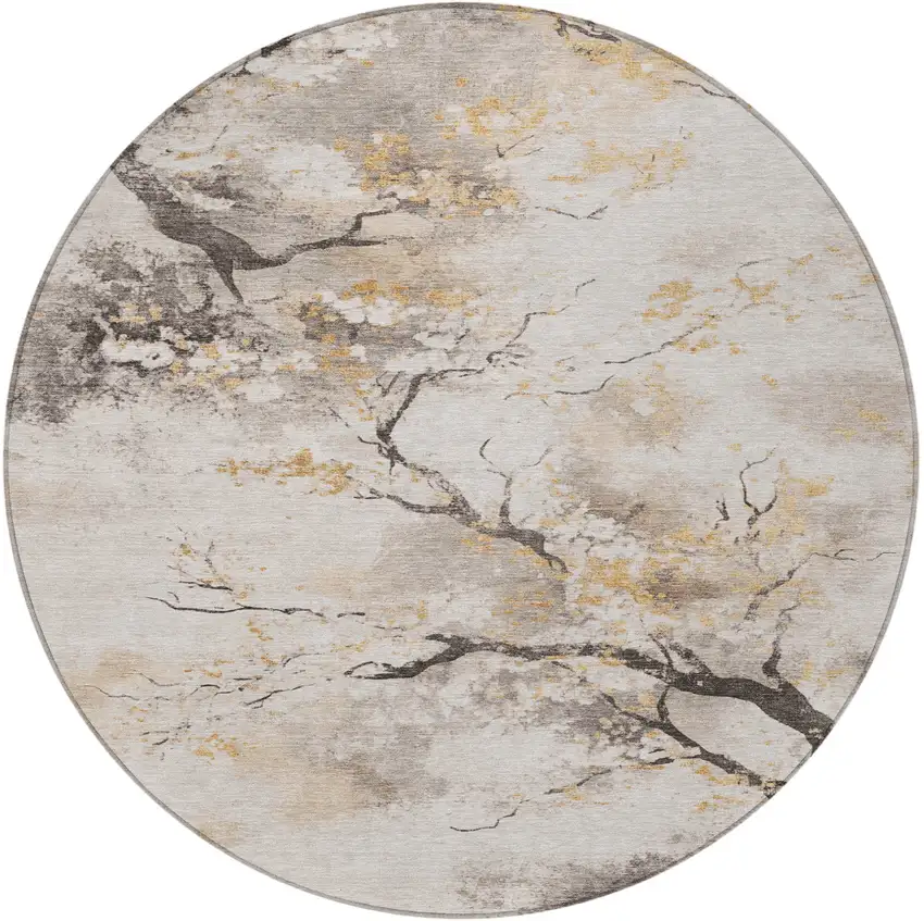 8' Beige Charcoal And Gold Round Floral Washable Indoor Outdoor Area Rug Photo 3