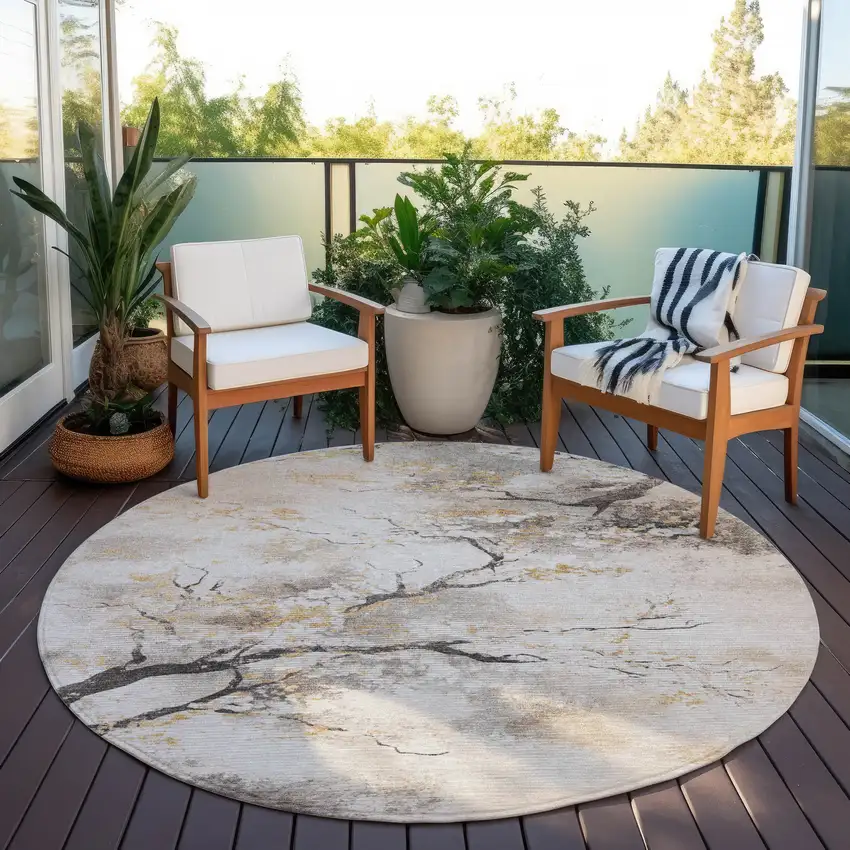 8' Beige Charcoal And Gold Round Floral Washable Indoor Outdoor Area Rug Photo 5