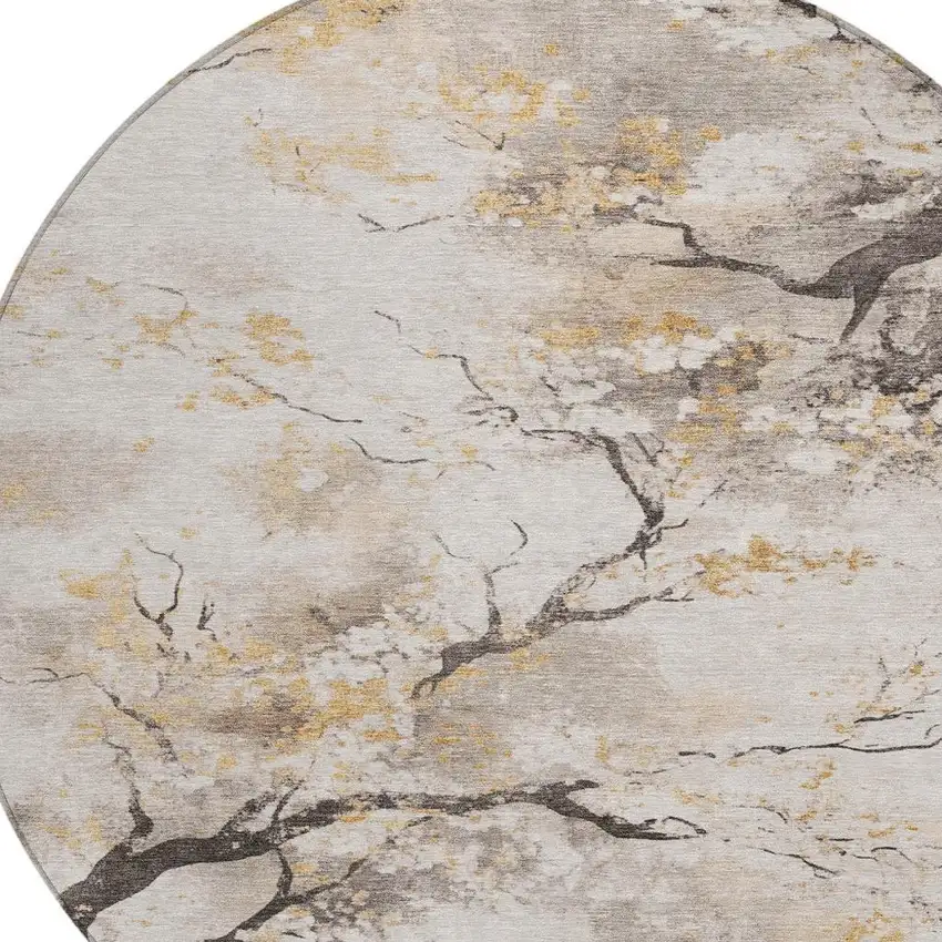 8' Beige Charcoal And Gold Round Floral Washable Indoor Outdoor Area Rug Photo 4