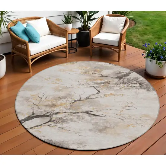 8' Beige Charcoal And Gold Round Floral Washable Indoor Outdoor Area Rug Photo 2
