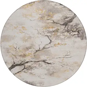 Photo of 8' Beige Charcoal And Gold Round Floral Washable Indoor Outdoor Area Rug