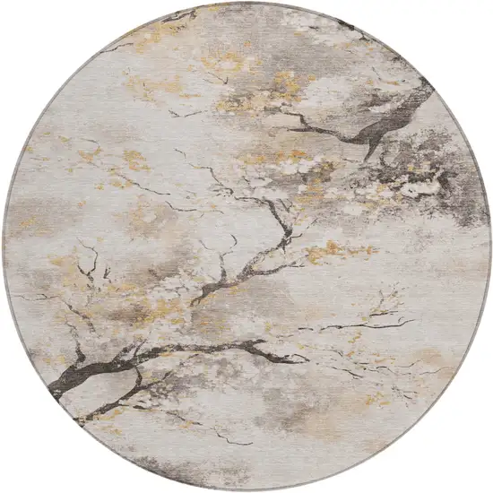 8' Beige Charcoal And Gold Round Floral Washable Indoor Outdoor Area Rug Photo 1