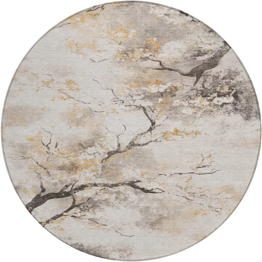 8' Beige Charcoal And Gold Round Floral Washable Indoor Outdoor Area Rug Photo 1