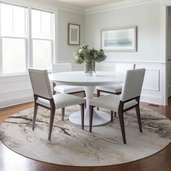 8' Beige Charcoal And Gold Round Floral Washable Indoor Outdoor Area Rug Photo 6