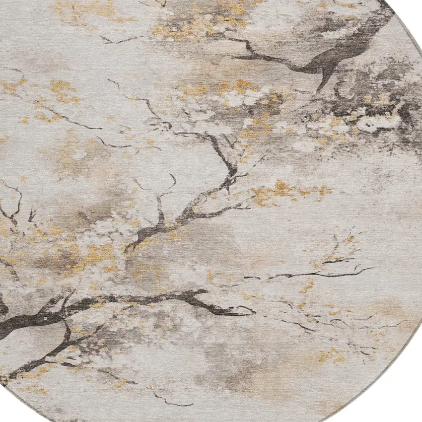 8' Beige Charcoal And Gold Round Floral Washable Indoor Outdoor Area Rug Photo 8