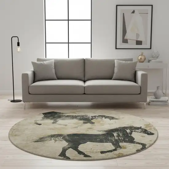 8' Beige Charcoal And Gray Animal Print Washable Round Rug With UV Protection Photo 2