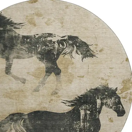 8' Beige Charcoal And Gray Animal Print Washable Round Rug With UV Protection Photo 3