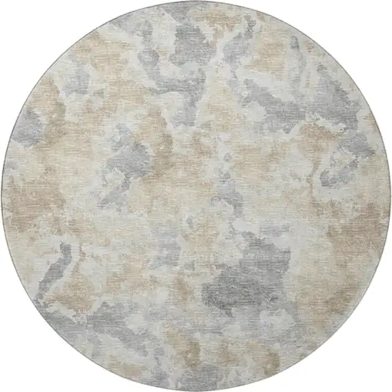 8' Beige Charcoal And Gray Round Abstract Washable Indoor Outdoor Area Rug Photo 4