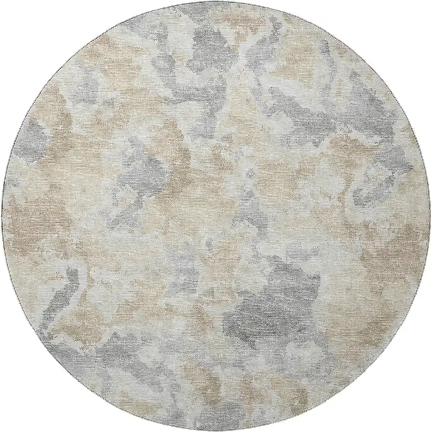 8' Beige Charcoal And Gray Round Abstract Washable Indoor Outdoor Area Rug Photo 4