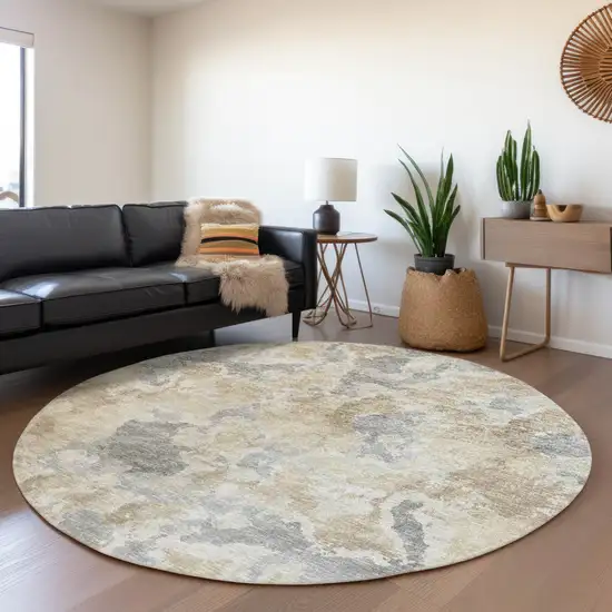 8' Beige Charcoal And Gray Round Abstract Washable Indoor Outdoor Area Rug Photo 7