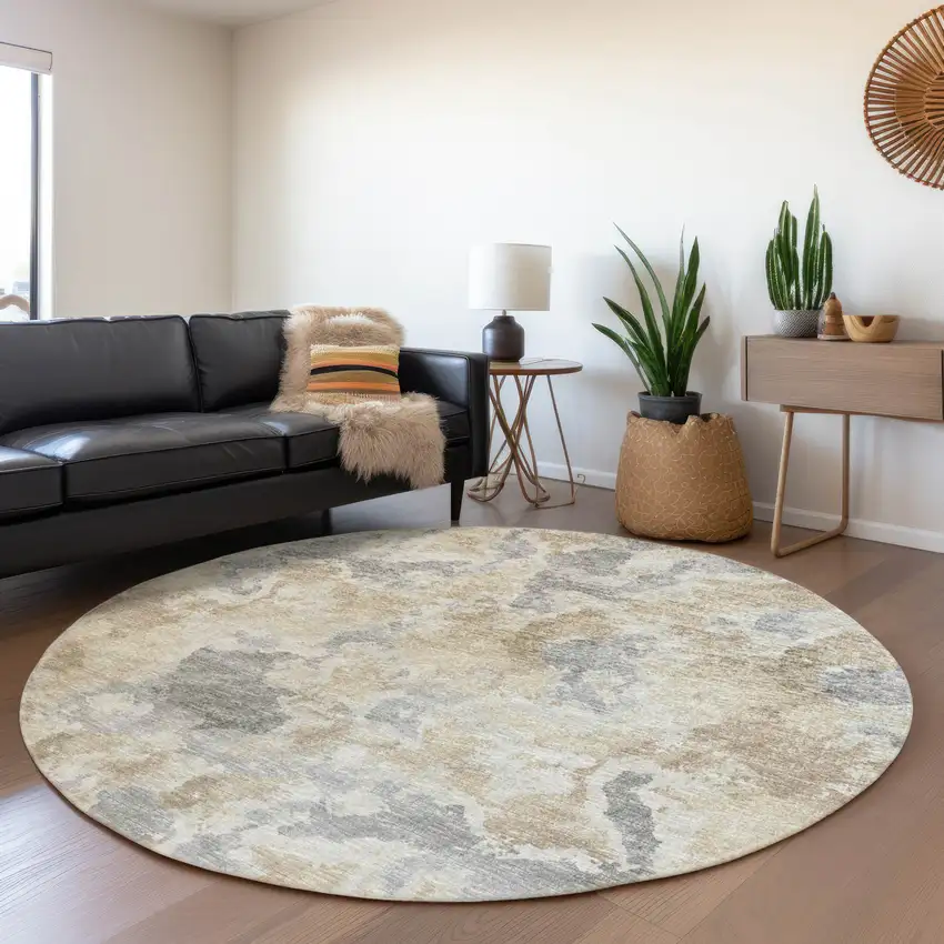 8' Beige Charcoal And Gray Round Abstract Washable Indoor Outdoor Area Rug Photo 7