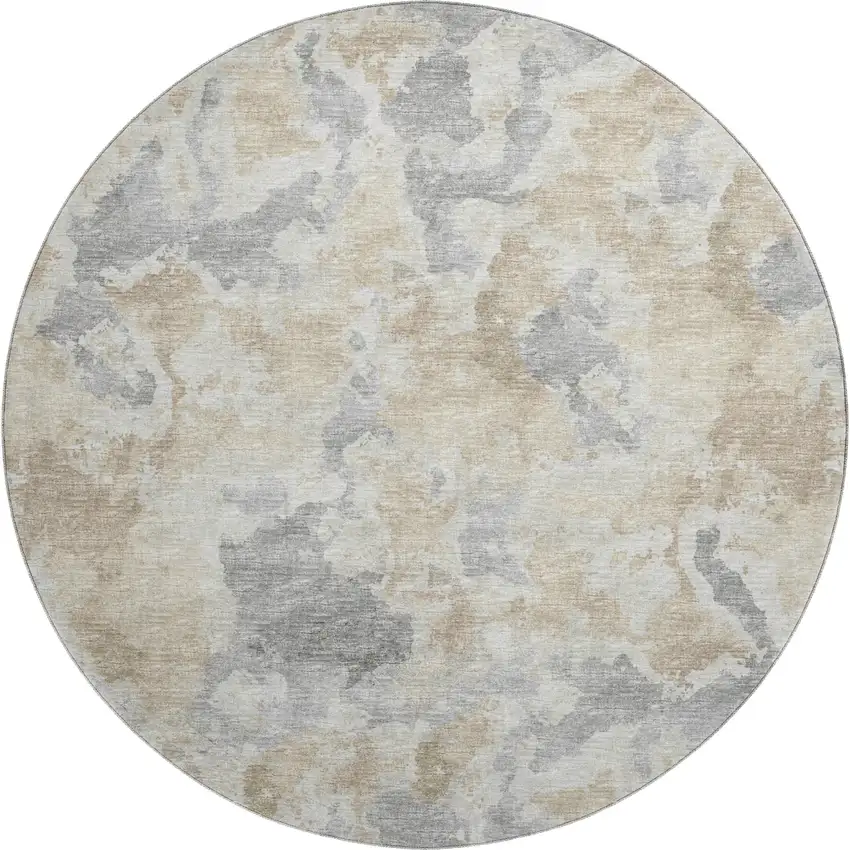 8' Beige Charcoal And Gray Round Abstract Washable Indoor Outdoor Area Rug Photo 2
