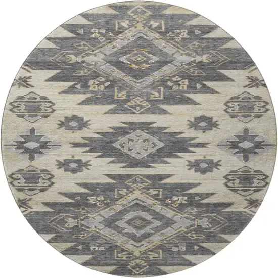 8' Beige Charcoal And Gray Tribal Washable Round Rug With UV Protection Photo 3