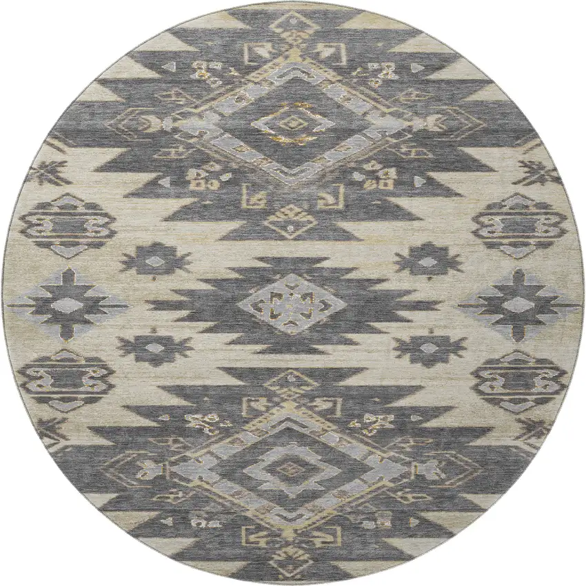 8' Beige Charcoal And Gray Tribal Washable Round Rug With UV Protection Photo 3