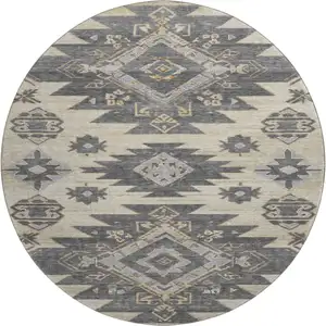 Photo of 8' Beige Charcoal And Gray Tribal Washable Round Rug With UV Protection