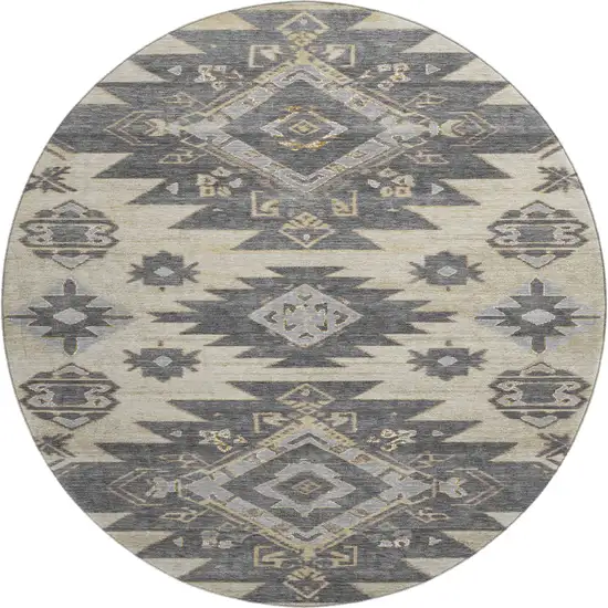 8' Beige Charcoal And Gray Tribal Washable Round Rug With UV Protection Photo 1
