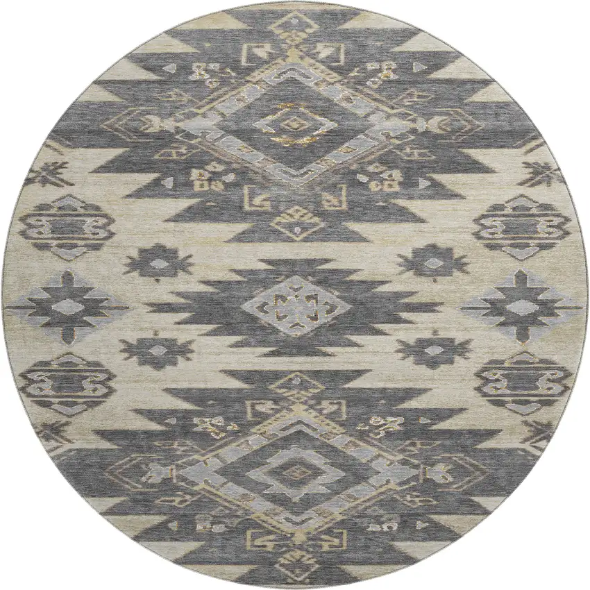 8' Beige Charcoal And Gray Tribal Washable Round Rug With UV Protection Photo 1