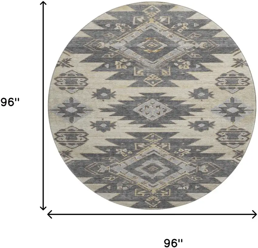 8' Beige Charcoal And Gray Tribal Washable Round Rug With UV Protection Photo 9