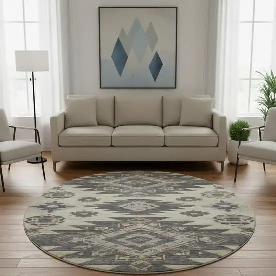 8' Beige Charcoal And Gray Tribal Washable Round Rug With UV Protection Photo 2