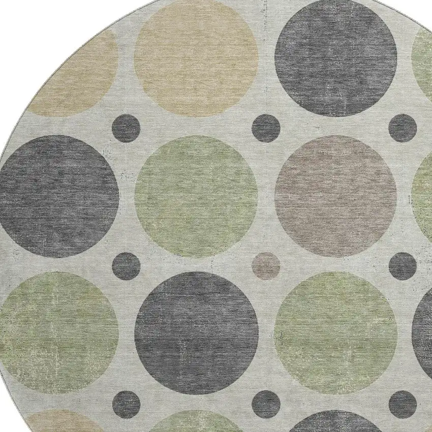 8' Beige Charcoal And Green Geometric Washable Round Rug With UV Protection Photo 3