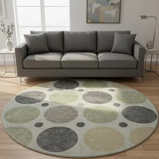 8' Beige Charcoal And Green Geometric Washable Round Rug With UV Protection Photo 1