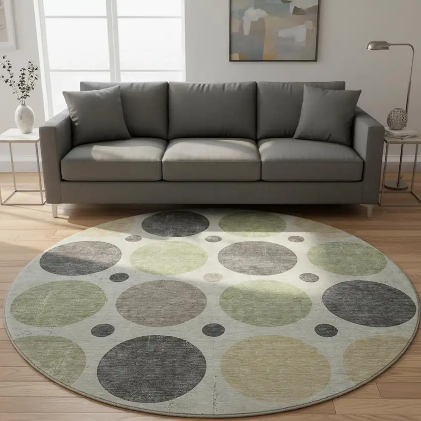 8' Beige Charcoal And Green Geometric Washable Round Rug With UV Protection Photo 1