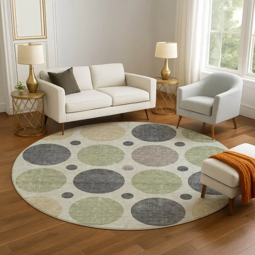 8' Beige Charcoal And Green Geometric Washable Round Rug With UV Protection Photo 5