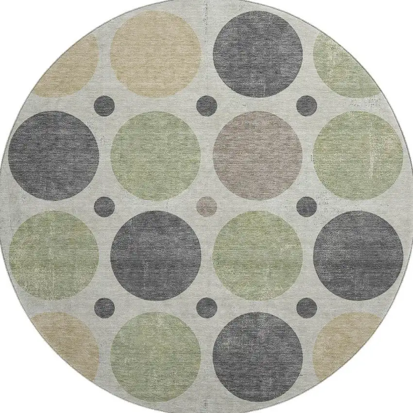 8' Beige Charcoal And Green Geometric Washable Round Rug With UV Protection Photo 4