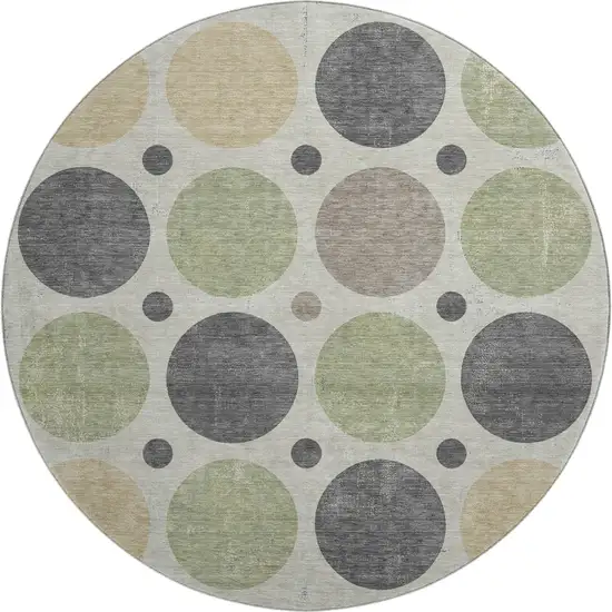 8' Beige Charcoal And Green Geometric Washable Round Rug With UV Protection Photo 1