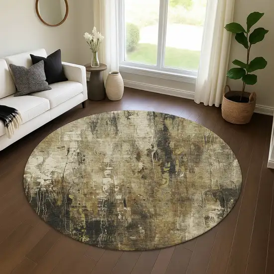 8' Beige Charcoal And Ivory Abstract Washable Round Rug With UV Protection Photo 4