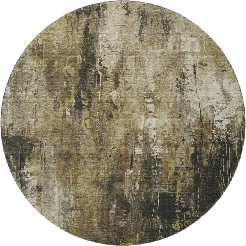 8' Beige Charcoal And Ivory Abstract Washable Round Rug With UV Protection Photo 3